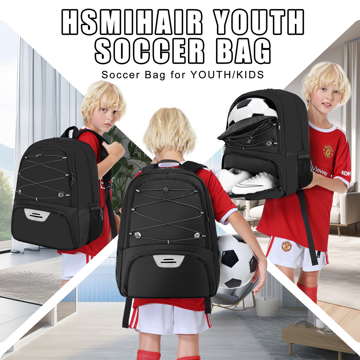 Hsmihair Youth Soccer Bag-Soccer Backpack&Backpack for Football Basketball,with Ball Compartment Separate Cleat Package
